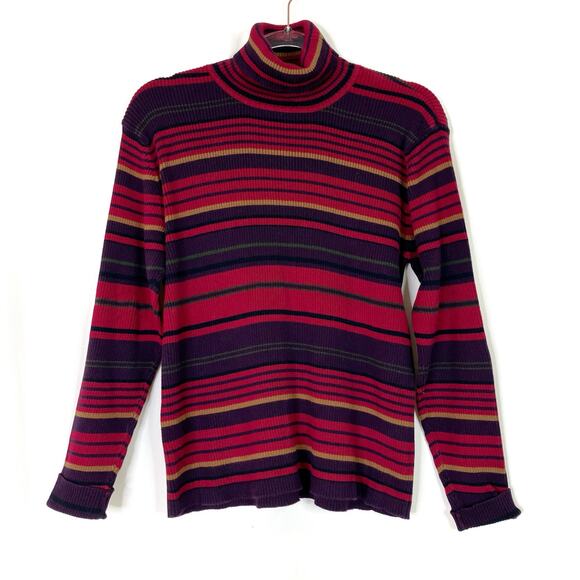 Talbots | Vintage Y2K Stripe Turtleneck Sweater Long Sleeve 100% Cotton Womens L - Picture 1 of 5